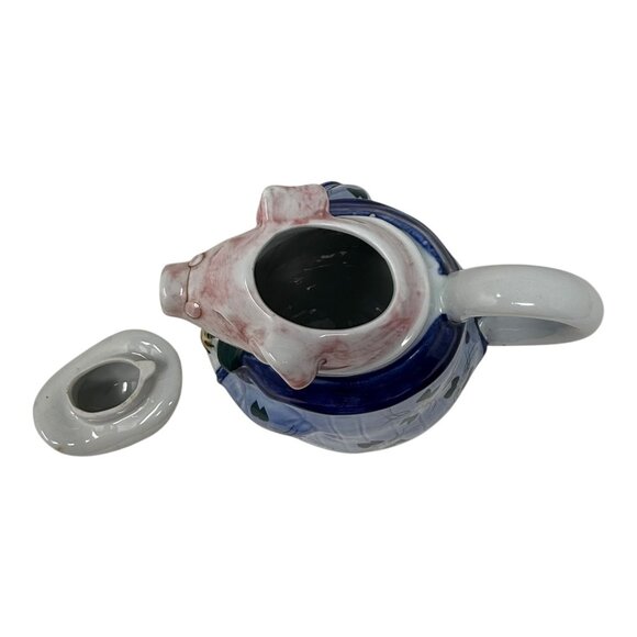 Handcrafted Gentlemen Pink Pig Teapot Blue Jacket Hat Tie Courting Kitschy Vtg - Picture 5 of 6